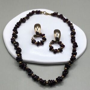 Vintage Garnet Stone Bead Jewelry Set Necklace and Earrings Retro Glam Dressy